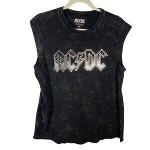 AC/DC Black Sleeveless T-Shirt M 100% Cotton Distressed Rock Band Tee unisex gru